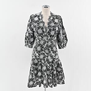 BOSTON PROPER Embroidered Dress Sz 6 Black White Floral Puff Sleeve Flounce Hem‎